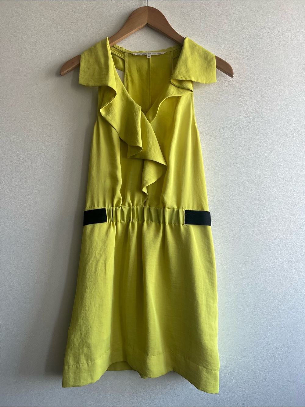 Rachel Roy Yellow Ruffle Wrap Dress Black Waist Detail Sleeveless Size 6